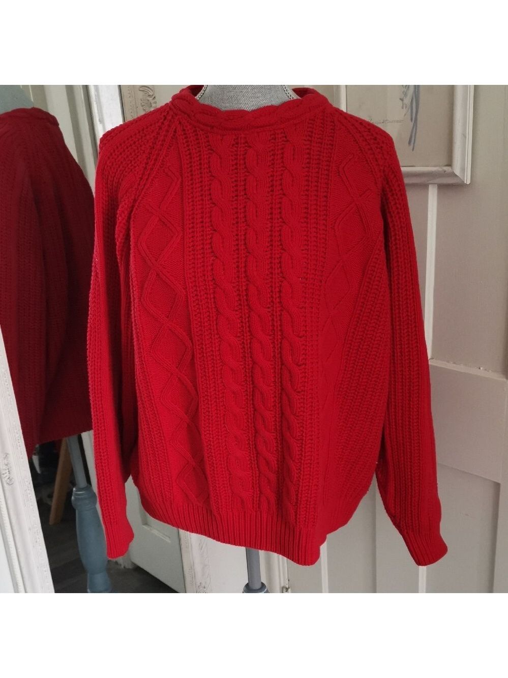 Vintage Unisex St. Michaels Red 100%CottonCableknit Fisherman Preppy Sweater XL